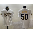 LA.Dodgers #50 Mookie Betts White Gold 2024 World Series With Fernando Memorial Patch Limited Stitched Jersey