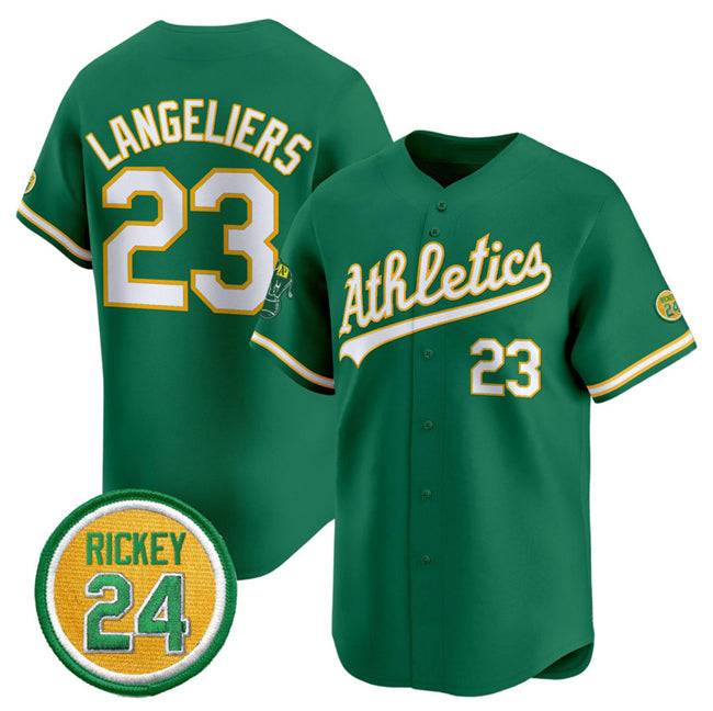 O.Athletics #23 Shea Langeliers Green 2024 Limited With Rickey Henderson Patch Stitched Jersey