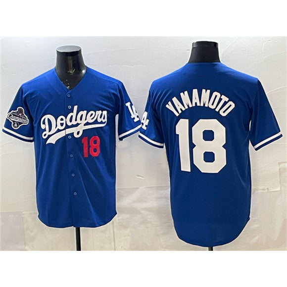 LA.Dodgers #18 Yoshinobu Yamamoto Royal 2025 World Series Champions Patch Limited Stitched Jersey