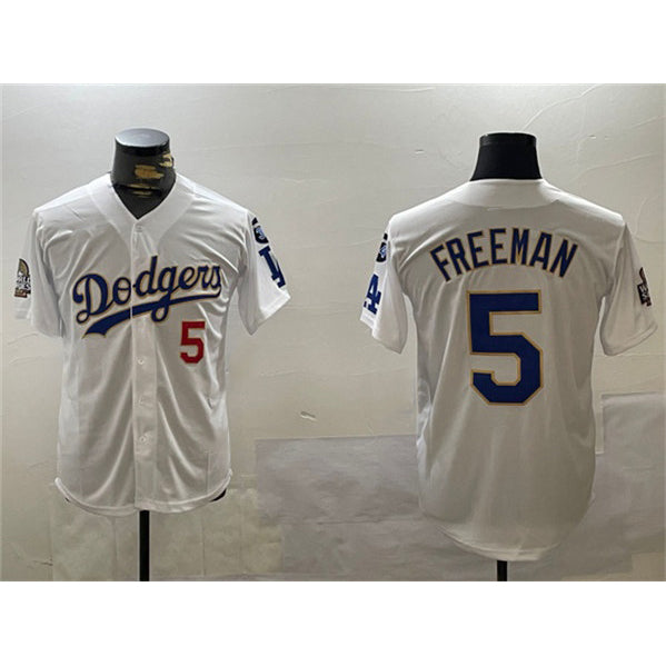 LA.Dodgers #5 Freddie Freeman White Gold 2024 World Series With Fernando Memorial Patch Home Limited Stitched Jersey