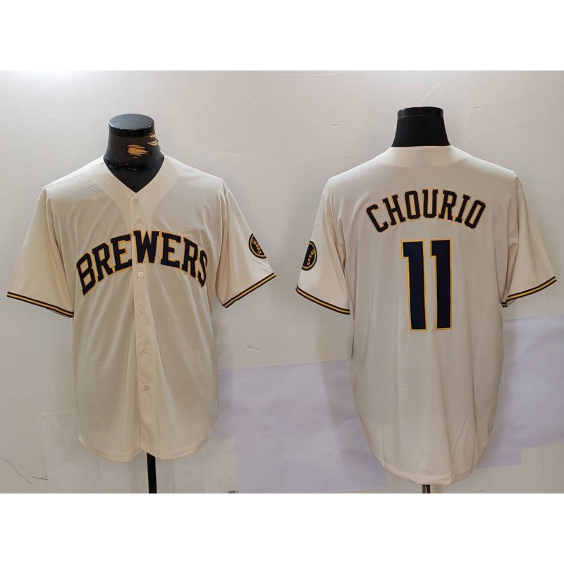 M.Brewers #11 Jackson Chourio Cream Stitched Cool Base 2 Jersey