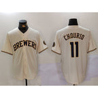 M.Brewers #11 Jackson Chourio Cream Stitched Cool Base 2 Jersey