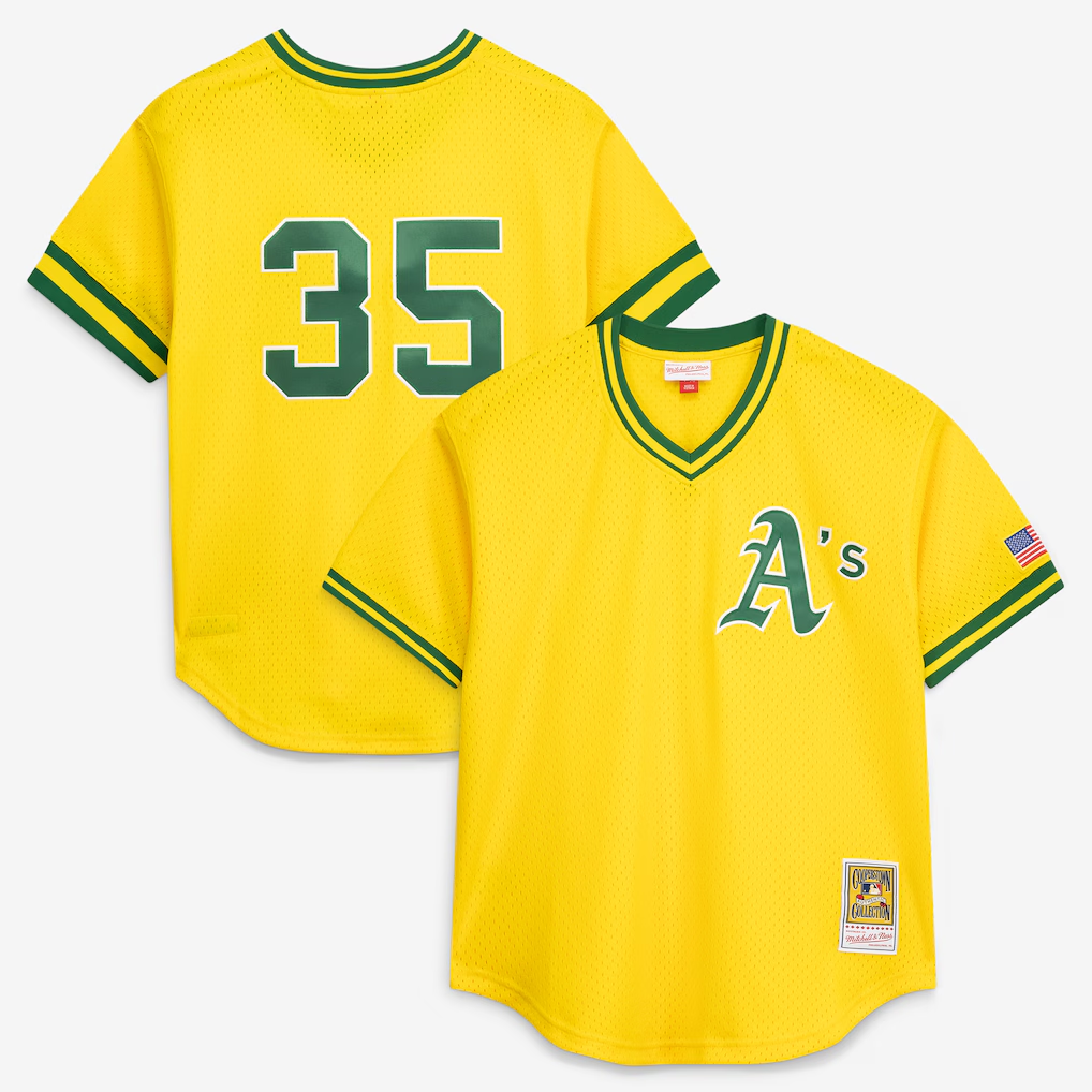 O.Athletics #35 Rickey Henderson Mitchell & Ness Yellow Authentic Batting Practice Jersey