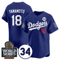 LA.Dodgers #18 Yoshinobu Yamamoto Royal 2024 World Series With No.34 Patch Cool Base Stitched Jersey