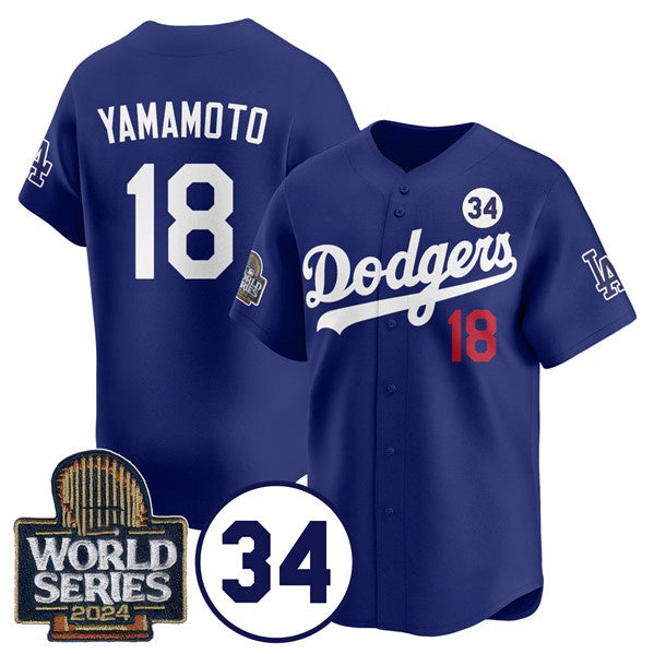 LA.Dodgers #18 Yoshinobu Yamamoto Royal 2024 World Series With No.34 Patch Cool Base Stitched Jersey