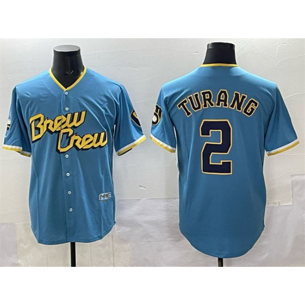 M.Brewers #2 Brice Turang Powder Blue City Connect Cool Base Stitched Jersey
