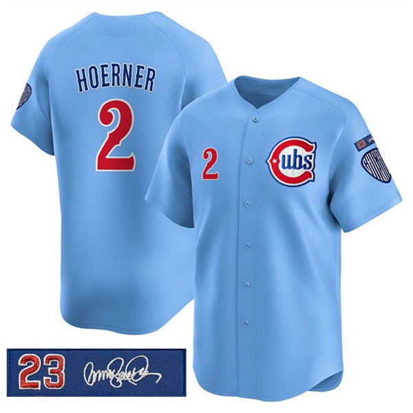 C.Cubs #2 Nico Hoerner Blue 'Ryne Sandberg Tribute' Vapor Limited V3 Stitched Jersey