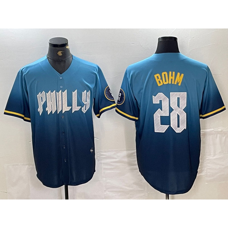 P.Phillies #28 Alec Bohm Blue 2024 City Player Number Cool Base 2 Stitched Jersey