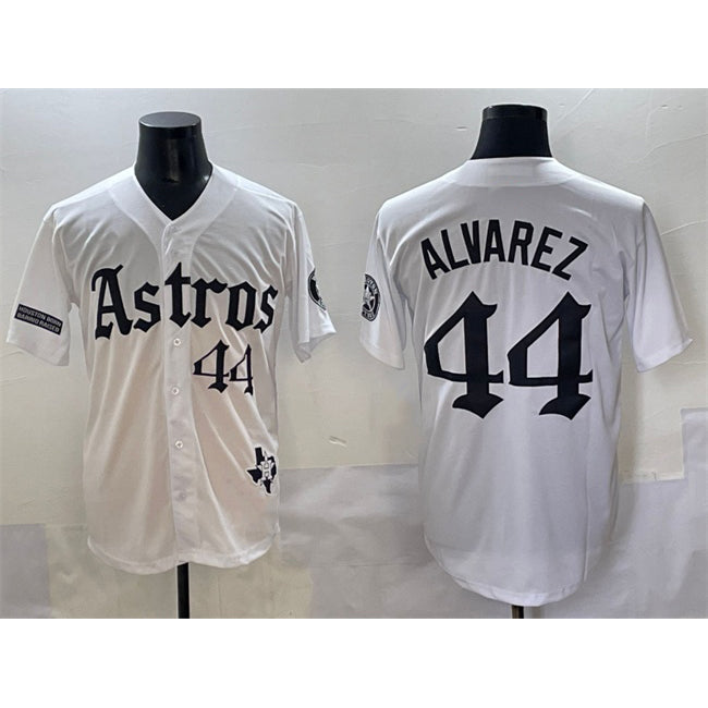 H.Astros #44 Yordan Alvarez White Gothic 'Houston Born Barrio Raised' Limited Stitched  Jersey