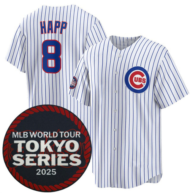 C.Cubs #8 Ian Happ White 2025 World Tour Tokyo Series Home Stitched Jersey
