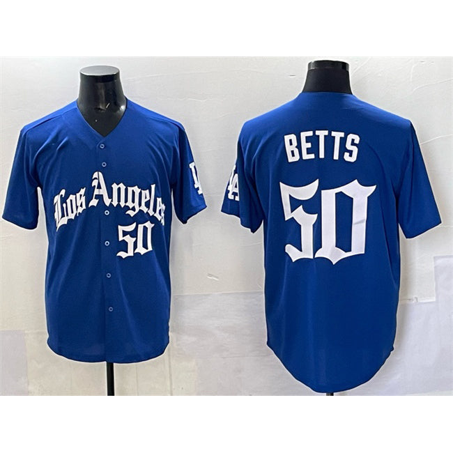 LA.Dodgers #50 Mookie Betts Blue 2025 LA Gothic Style With Fernando Patch Vapor Premier Limited Stitched Jersey
