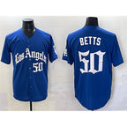 LA.Dodgers #50 Mookie Betts Blue 2025 LA Gothic Style With Fernando Patch Vapor Premier Limited Stitched Jersey