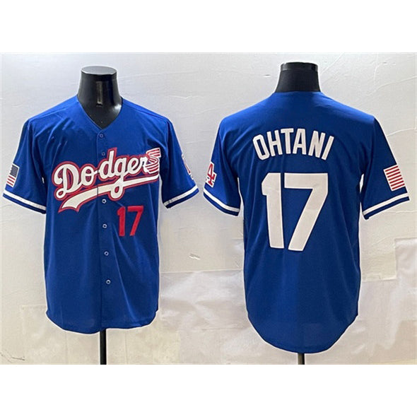 LA.Dodgers #17 Shohei Ohtani Royal With American Flag Patch Limited Stitched Jersey