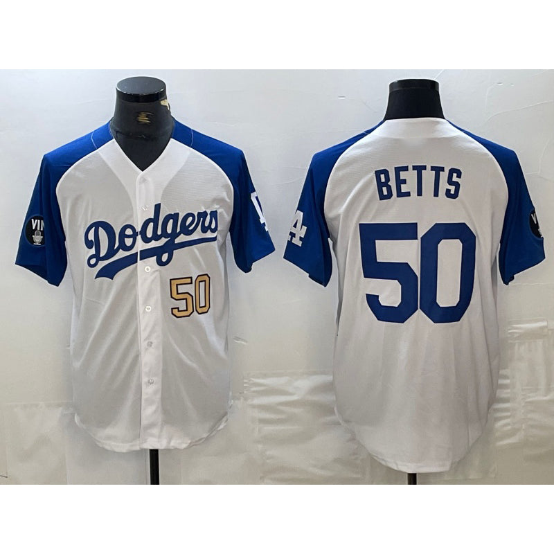 LA.Dodgers #50 Mookie Betts Number White Blue Fashion Stitched Cool Base 3 Limited Jersey