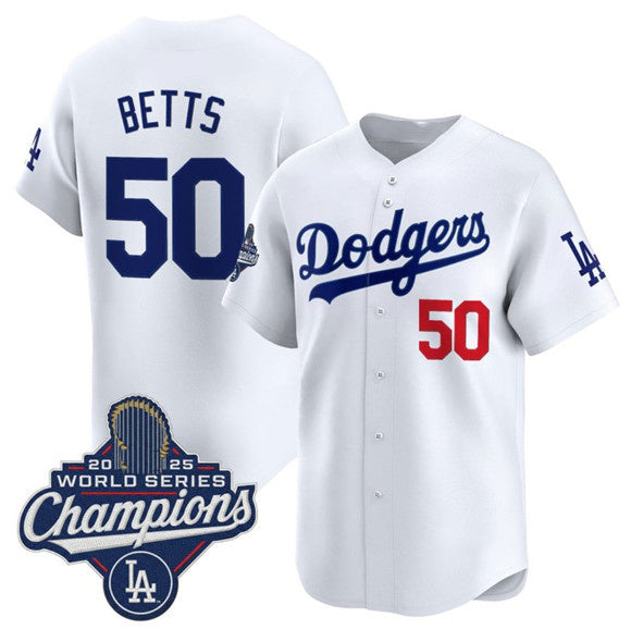 LA.Dodgers #50 Mookie Betts White 2025 Champions Stitched Jersey