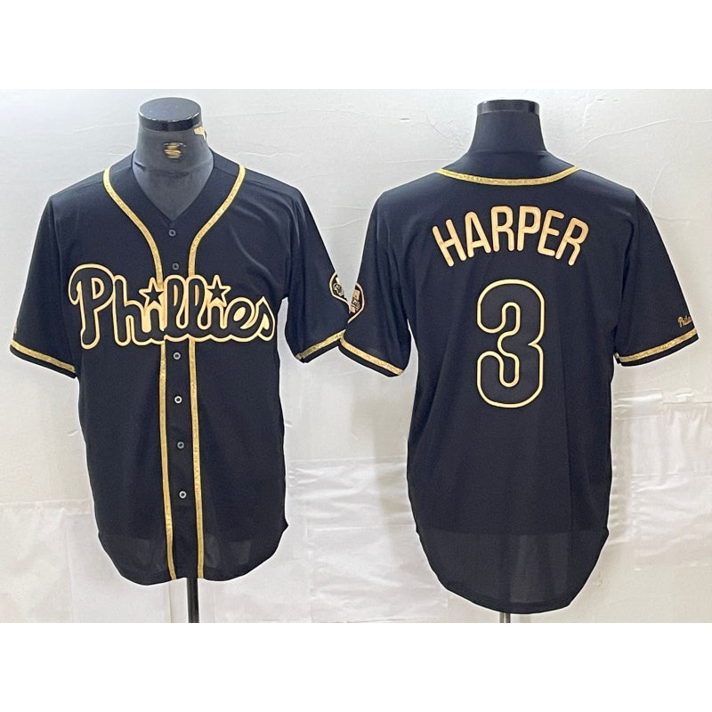 P.Phillies #3 Bryce Harper Black Gold Cool Base Stitched Jersey
