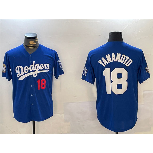 LA.Dodgers #18 Yoshinobu Yamamoto Royal 2024 World Series Patch Alternate Limited Stitched Jersey
