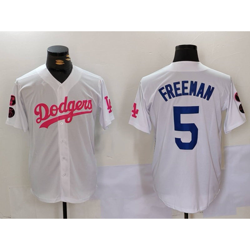 LA.Dodgers #5 Freddie Freeman White Pink Vin & Kobe Patch 2 Stitched Jersey
