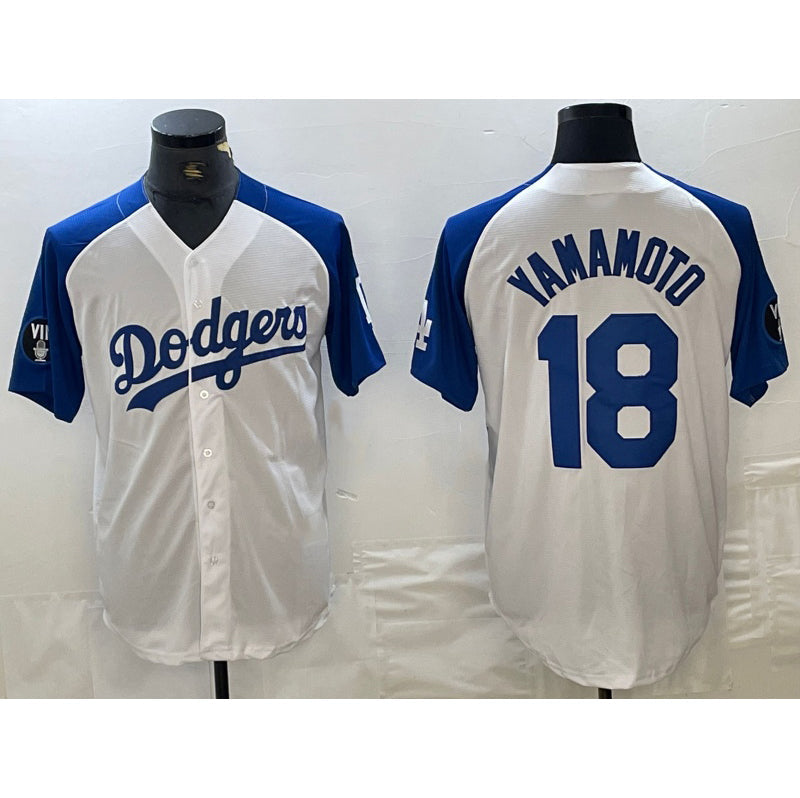 LA.Dodgers #18 Yoshinobu Yamamoto White Blue Fashion Stitched Cool Base Limited Jersey