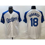 LA.Dodgers #18 Yoshinobu Yamamoto White Blue Fashion Stitched Cool Base Limited Jersey