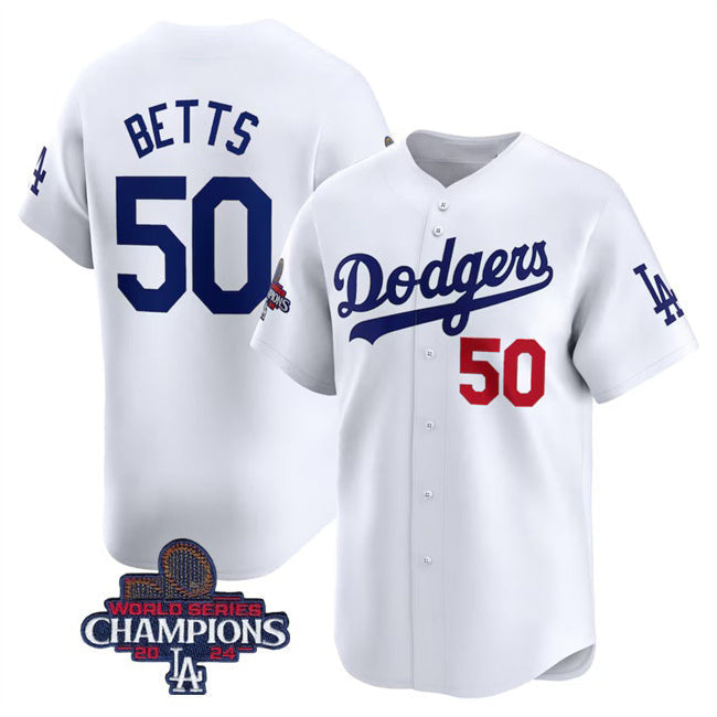 LA.Dodgers #50 Mookie Betts White 2024 World Series Champions Home Limited Stitched Jersey
