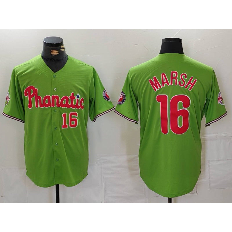 P.Phillies #16 Brandon Marsh Number Green With Patch Stitched Cool Base Jersey