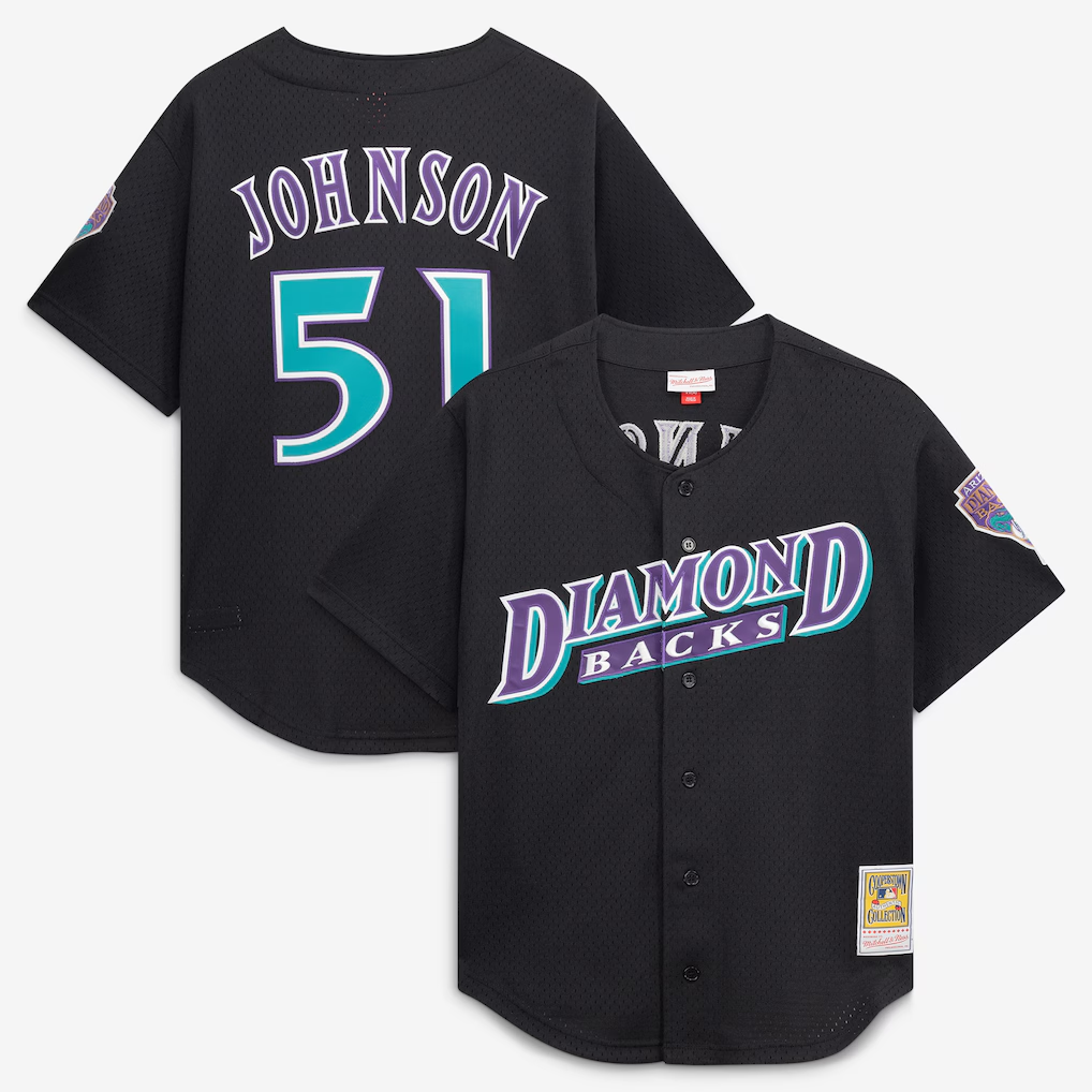 A.Diamondbacks #51 Randy Johnson Mitchell & Ness Black Cooperstown Collection Mesh Batting Practice Button-Up Jersey