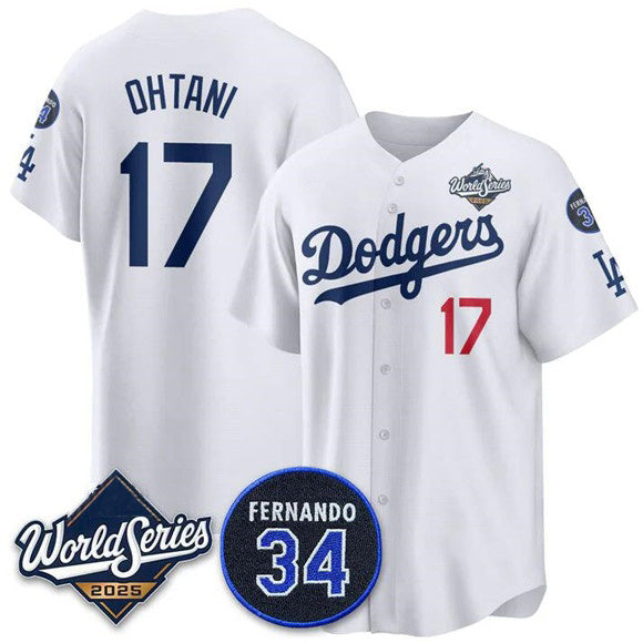 LA.Dodgers #17 Shohei Ohtani White 2025 World Series With No.34 Patch Limited Stitched Jersey