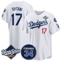 LA.Dodgers #17 Shohei Ohtani White 2025 World Series With No.34 Patch Limited Stitched Jersey