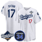 LA.Dodgers #17 Shohei Ohtani White 2025 World Series With No.34 Patch Limited Stitched Jersey