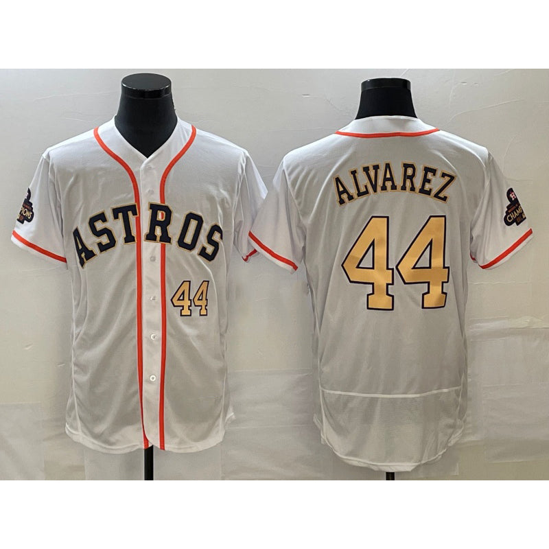 H.Astros #44 Yordan Alvarez Number 2023 White Gold World Serise CHmpions Patch Flex Base 2 Stitched Jersey
