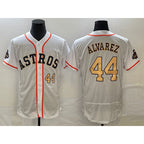 H.Astros #44 Yordan Alvarez Number 2023 White Gold World Serise CHmpions Patch Flex Base 2 Stitched Jersey