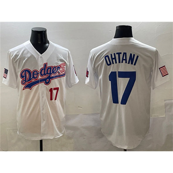 LA.Dodgers #17 Shohei Ohtani White With American Flag Patch Limited Stitched Jersey