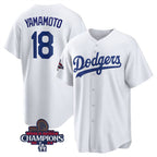 LA.Dodgers #18 Yoshinobu Yamamoto White 2024 World Series Champions Cool Base Stitched Jersey