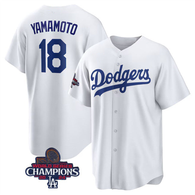 LA.Dodgers #18 Yoshinobu Yamamoto White 2024 World Series Champions Cool Base Stitched Jersey