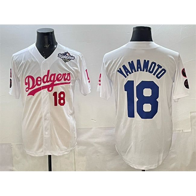 LA.Dodgers #18 Yoshinobu Yamamoto White Pink 2025 World Series Vin & Kobe Patch Limited Stitched Jersey