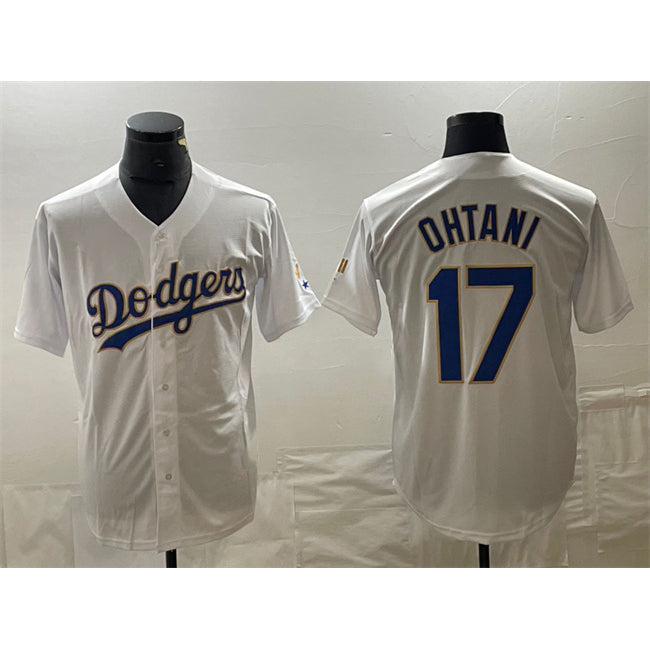 LA.Dodgers #17 Shohei Ohtani White Gold Cool Base With Patch Stitched Jersey