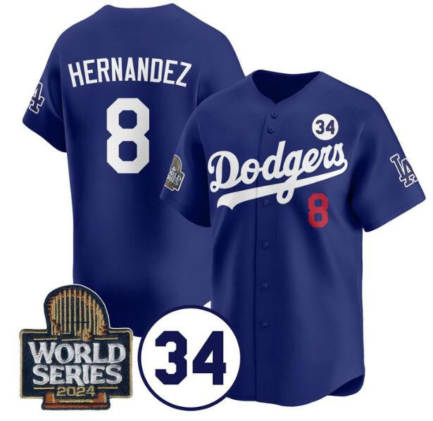 LA.Dodgers #8 Enrique Hernandez Royal 2024 World Series With No.34 Patch Limited Stitched Jersey