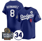 LA.Dodgers #8 Enrique Hernandez Royal 2024 World Series With No.34 Patch Limited Stitched Jersey