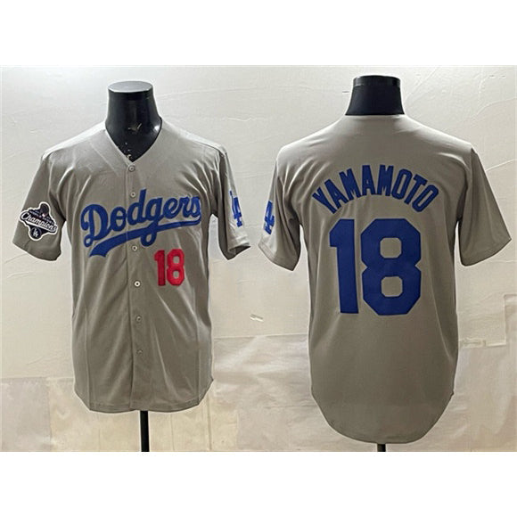 LA.Dodgers #18 Yoshinobu Yamamoto Gray 2025 World Series Champions Patch Stitched Jersey
