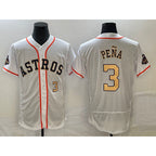 H.Astros #3 Jeremy Pena Number 2023 White Gold World Serise Champions Patch Flex Base 2 Stitched Jersey