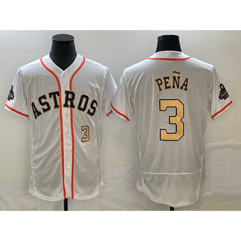 H.Astros #3 Jeremy Pena Number 2023 White Gold World Serise Champions Patch Flex Base 2 Stitched Jersey
