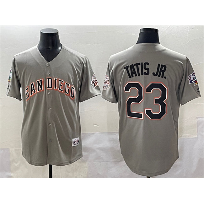 SD.Padres #23 Fernando Tatis Jr. Gray Fashion Throwback With Patch Cool Base Stitched Jersey