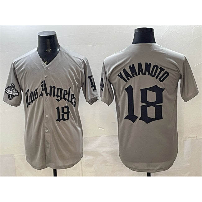 LA.Dodgers #18 Yoshinobu Yamamoto Gray LA Gothic Style With 2025 World Series Champions Patch Limited Stitched Jersey