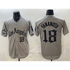 LA.Dodgers #18 Yoshinobu Yamamoto Gray LA Gothic Style With 2025 World Series Champions Patch Limited Stitched Jersey