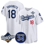 LA.Dodgers #18 Yoshinobu Yamamoto White 2025 World Series With No.34 Patch Limited Stitched Jersey