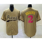 SD.Padres #2 Xander Bogaerts Tan Pinstripe 2023 City Connect Cool Base Stitched Jersey