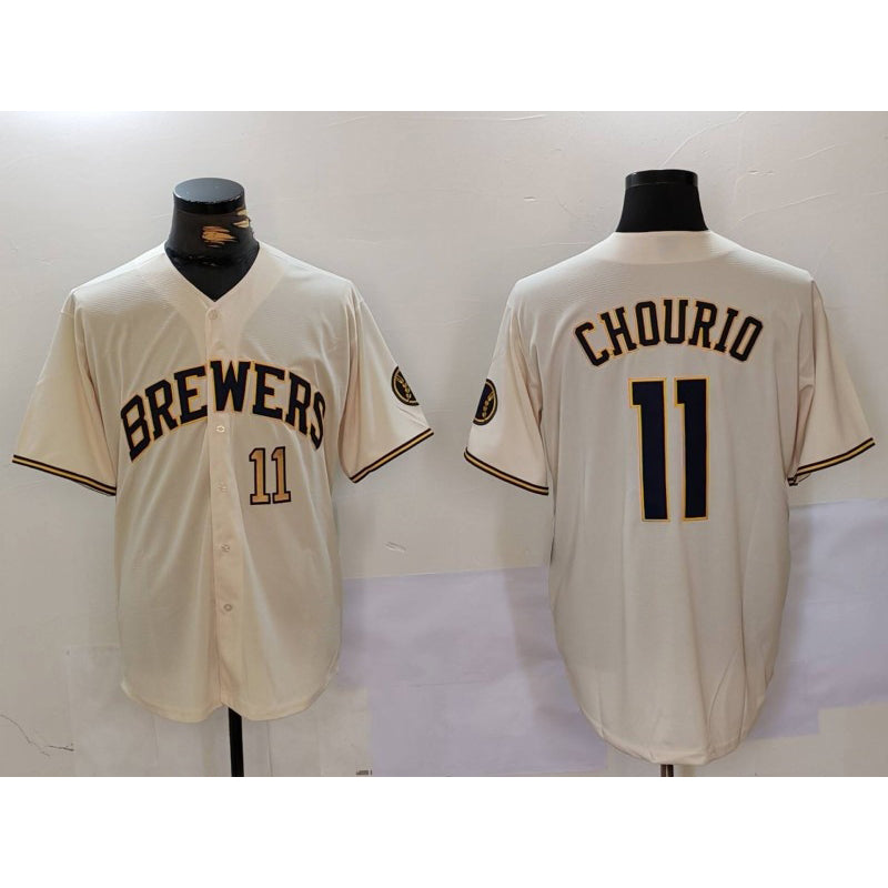 M.Brewers #11 Jackson Chourio Cream Stitched Cool Base Jerseys