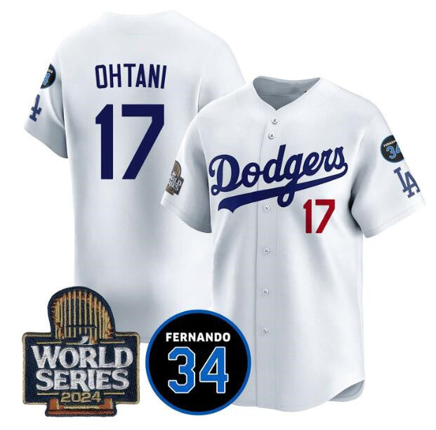 LA.Dodgers #17 Shohei Ohtani White 2024 World Series Home Limited With Fernando Memorial Patch Limited Stitched Jersey