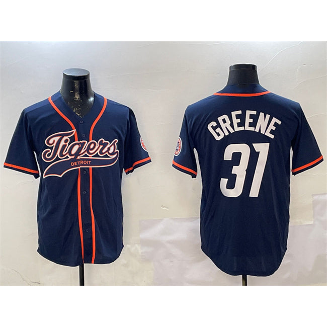D.Tigers #31 Riley Greene Navy With Patch Cool Base Stitched Jersey